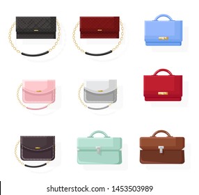 Bags set vector flat style. Colorful collection classic style stylish accesories illustration