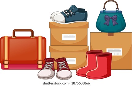 Bags and shoes with the boxes on white background illustration