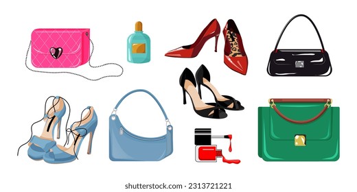 Bags, shoes, perfume and nail polish. Set of stylish women s accessories. Vector illustration for a card or poster. Print on clothes. Fashion Style.