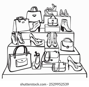 Bags Shoes Showcase Fashion Store . Wardrobe Item Black and White Illustration Simple style vector