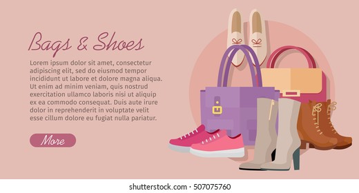 Bags shoes vector concept. Flat style. Collection of womens footwear and clutches. Ankle and mid boots, sneakers, loafers, leather bags with handles illustrations. Fashion accessories. For store ad