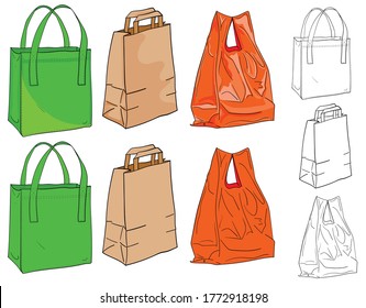 Bolsas para comprar. Una bolsa textil, una bolsa de papel y una bolsa de plástico para elegir en color y en blanco y negro. Ilustración del fondo de los emblemas y los punteros temáticos.