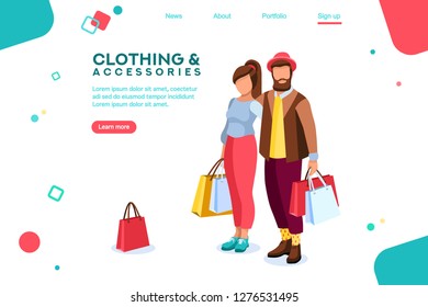 Bags for smiling. Outfits. Shopping carry. Male pair characters. Purchase clothing. Beard holding. Partners. Stylish date. Cheerful vector illustration, design in flat isometric style.