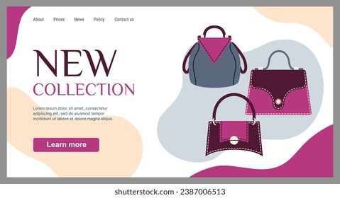 Bags store landing page. Fashion collection. Trendy accessories assortment. Fashionable clothing boutique. Leather purse and tote. Luxury handbags. Stylish merchandise. Website template vector design