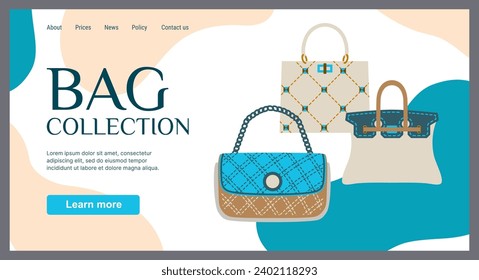 Bags store landing page. Fashion collection. Trendy accessories assortment. Fashionable clothing boutique. Leather purse and tote. Luxury handbags. Stylish merchandise. Website template vector design