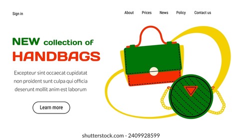 Bags store landing page. Fashion collection. Online shopping. Trendy handbags. Leather purse or tote. Luxury shopper. Stylish merchandise. Fashionable clothing boutique. Website template vector design