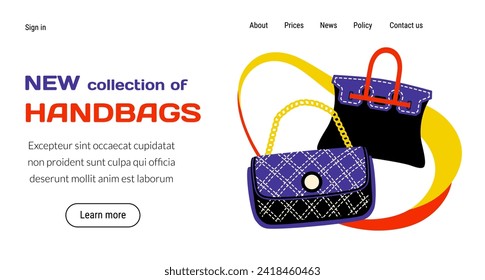 Bags store landing page. Fashion collection. Trendy accessories assortment. Fashionable clothing boutique. Leather purse and tote. Luxury handbags. Stylish merchandise. Website template vector design