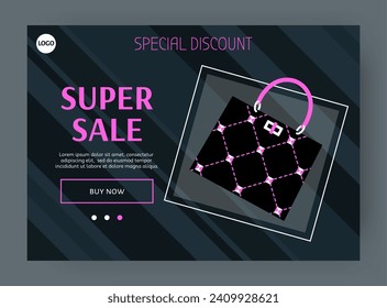 Bags store landing page. Shop sale. Online shopping. Fashionable clothing boutique. Leather tote. Luxury handbags. Stylish shopper. Discount offer. Boutique promotion. Website template vector design