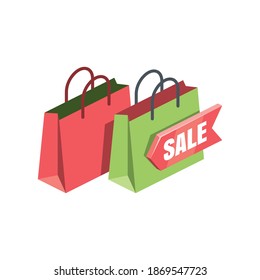 Bags store and sale label. Vector 3d isometric, color web icons set, new flat style. Creative illustration, idea for infographics.