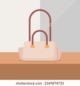 bags in store showcase, vector illustration. handbags and suitcases for  women. Luxury accessories shop, trendy bags for casual quality lifestyle