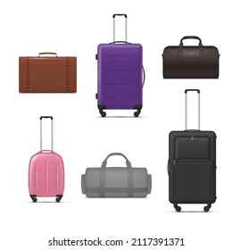 Bags and suitcases collection realistic vector illustration. Set of multicolored luggage for journey business trip and sports training isolated on white. Transportation baggage with handles and wheels