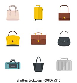 Bags and suitcases icon set. Flat style set of 9 bags and suitcases vector icons for web isolated on white background