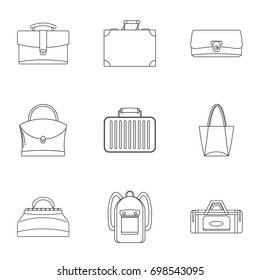 Bags and suitcases icon set. Outline style set of 9 bags and suitcases vector icons for web isolated on white background