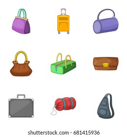 Bags and suitcases icons set. Cartoon set of 9 bags and suitcases vector icons for web isolated on white background