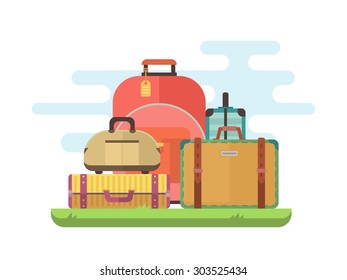 Bags and suitcases for recreation and travel. Vector flat design illustration