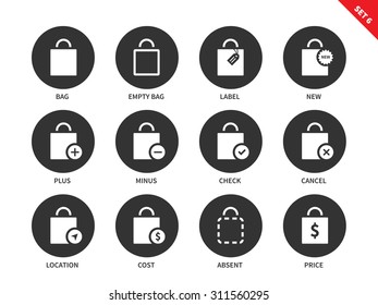 Bags and suitcases vector icons set. Shopping and consumerism concept. Items for shops and boutiques, bags, empty bags, labels, new bag, location, cost and price. Isolated on white background