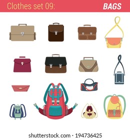 Bags vector icon set. Backpack, bag, clutch, briefcase etc.  Clothes collection.