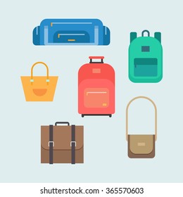 Bags vector set in a flat style. Sports and school bags, ladies handbag, suitcase, briefcase, shoulder bug vector collection. 