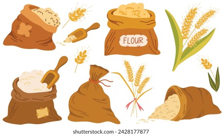 Bags with wheat, barley grains and flour, wheat seeds. Wheat grain, spikelets ears, stalks, bag sacks. Set of natural food elements of agriculture. Flat cartoon vector illustration isolated on white