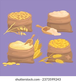 Bags of wheat, rye and flour vector illustrations set. Sacks with barley and oat grains, seeds isolated on white background. Agriculture, farming, agronomy concept