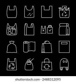 Bags, white line icons. Plastic, paper, polythene, and biodegradable bags in various shapes. Ideal for retail and eco-friendly themes. Symbols on black background. Editable stroke.