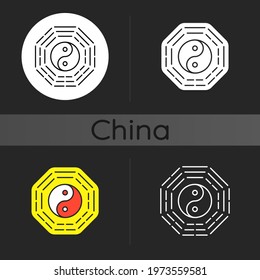 Bagua dark theme icon. Harmony of elements. Spirituality and cosmology. Zen, feng shui. Traditional Chinese culture. Linear white, simple glyph and RGB color styles. Isolated vector illustrations