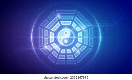 Bagua (8 Trigramme) Arrangement und Yin-Yang Symbol chinesische Kultur, Futuristische Hologramm Neon Glow Translucent Hintergrund-Illustration