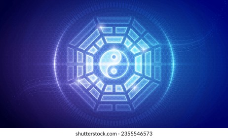 Bagua (Eight Trigrams) Later Heaven (King Wen) Arrangement and Yin-Yang Symbol Chinese Culture, Futuristic Hologram Neon Glow Translucent Backdrop Background Illustration