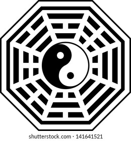 Bagua, Feng Shui compass,  Yin Yang, Chinese symbol, I Ching trigrams, vector, isolated, white background