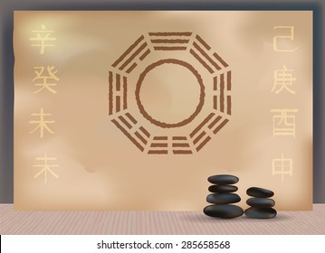 Bagua Feng Shui mirror in peaceful interior with bamboo floor and stones