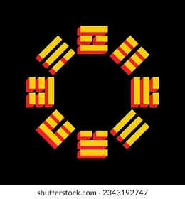 Bagua sign. 3D Extruded Yellow Icon with Red Sides a Black background. Illustration.
