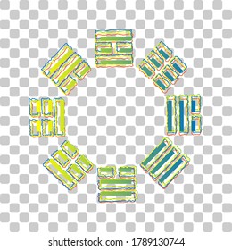 Bagua sign. Blue to green gradient Icon with Four Roughen Contours on stylish transparent Background. Illustration.