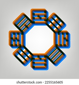 Bagua sign. Stroked Icon in orange, azure and old lavender Colors at gray Background. Illustration.