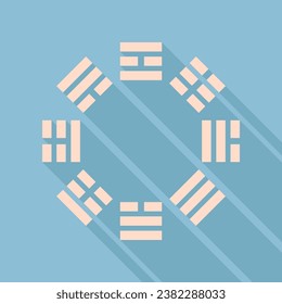 Bagua sign. Unbleached silk Icon with very long shadow at dark sky blue background. Illustration.
