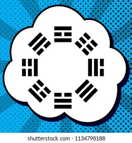 Bagua sign. Vector. Black icon in bubble on blue pop-art background with rays.
