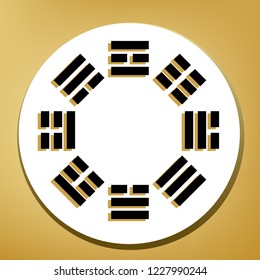 Bagua sign. Vector. Black icon with light brown shadow in white circle with shaped ring at golden background.