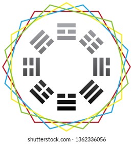 Bagua sign. Vector. Black icon with patch of light inside colorful hexagonal frames at white background.