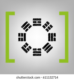 Bagua sign. Vector. Black scribble icon in citron brackets on grayish background.