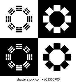 Bagua sign. Vector. Black and white icons and line icon on chess board.