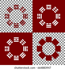 Bagua sign. Vector. Bordo and white icons and line icons on chess board with transparent background.