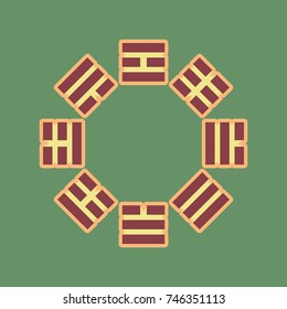 Bagua sign. Vector. Cordovan icon and mellow apricot halo with light khaki filled space at russian green background.