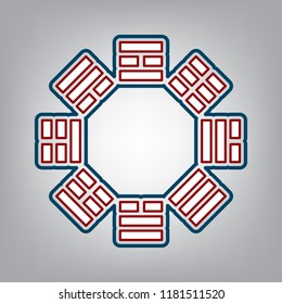 Bagua sign. Vector. Dark red, transparent and midnight green stroke of white icon at grayish background.