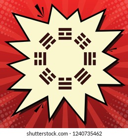 Bagua sign. Vector. Dark red icon in lemon chiffon shutter bubble at red popart background with rays.