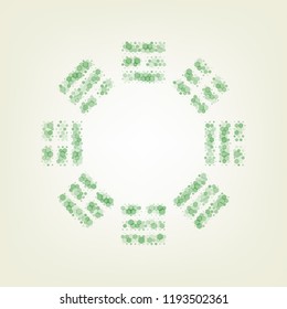 Bagua sign. Vector. Green hexagon rastered icon and noised opacity and size at light green background with central light.