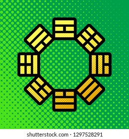 Bagua sign. Vector. Pop art orange to yellow dots-gradient icon with black contour at greenish background.