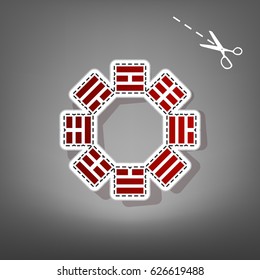 Bagua sign. Vector. Red icon with for applique from paper with shadow on gray background with scissors.