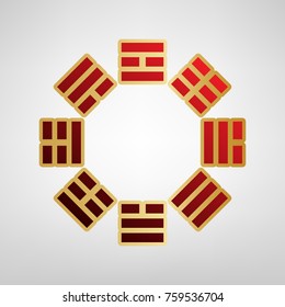 Bagua sign. Vector. Red icon on gold sticker at light gray background.