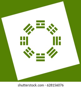 Bagua sign. Vector. White icon obtained as a result of subtraction rotated square and path. Avocado background.
