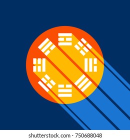 Bagua sign. Vector. White icon on tangelo circle with infinite shadow of light at cool   background. Selective yellow and bright navy blue are produced.