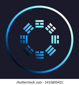 Bagua sign. White, cyan and blue gradient icon as round button in white shell at dark blue background. Illustration.